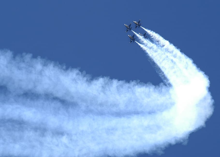 aerobatic display, air show, blue angels, formation, military, aircraft, jets, smoke, plane, f-18