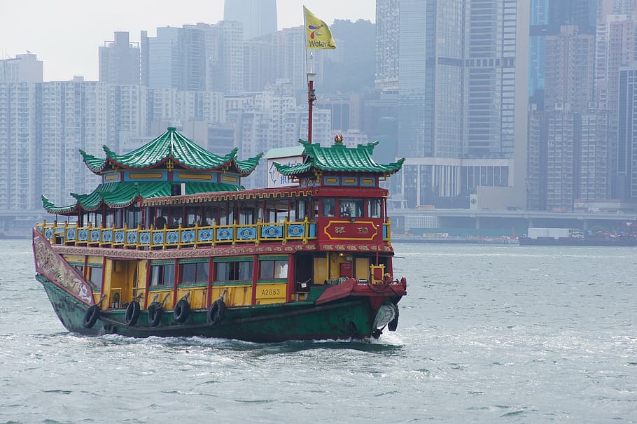 verde, amarelo, vermelho, navio, Hong Kong, mar, cidade, viagem, Ásia, China