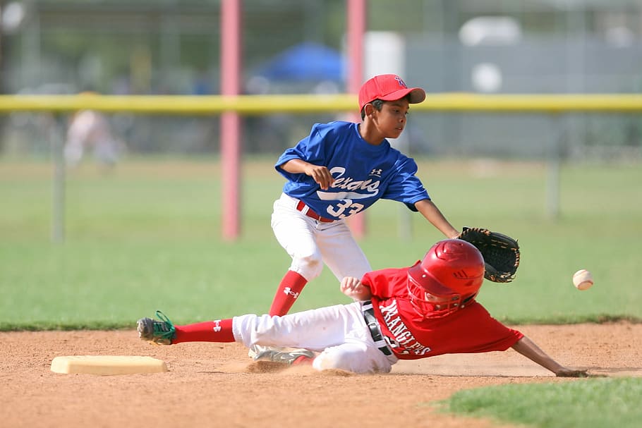 selektif, fokus, anak laki-laki, bermain, Baseball, Pemain, pemain baseball, base kedua, bermain di kedua, liga kecil