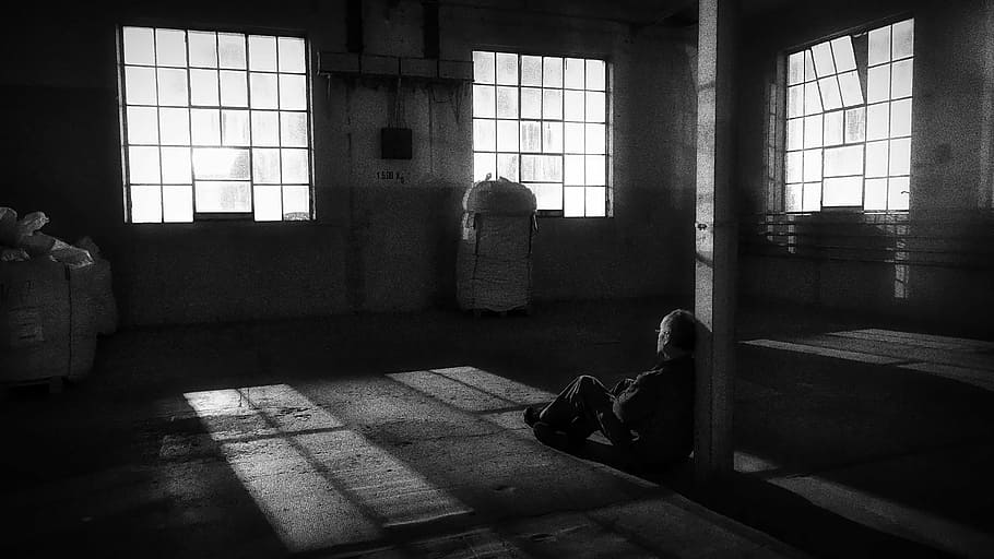 night, shadow, light, black white, window, man lying on the ground, indoors, abandoned, loneliness, spooky