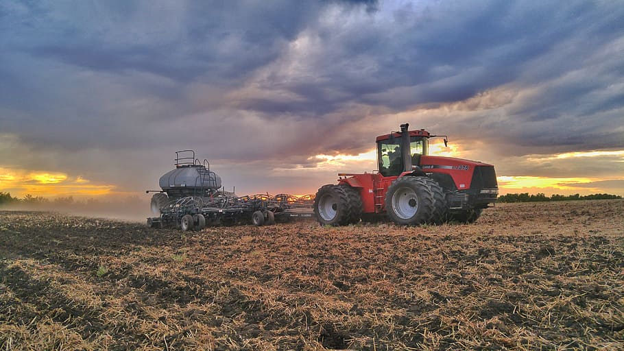 sunset, clouds, tractor, planter, seeder, field, tires, sky, spring, case