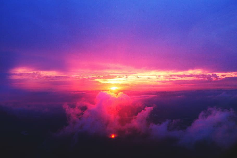 雲, 空, 夕日, 面積, ビュー, 夕暮れ, 紫, ピンク, 空中, 自然