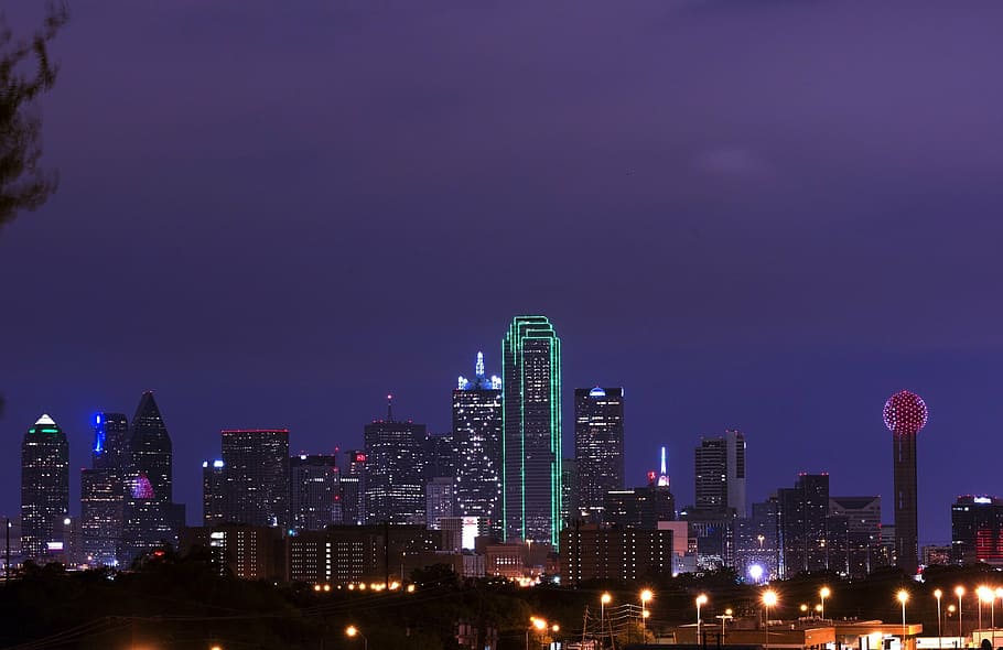 fotografía de paisaje, edificios, horizonte, Dallas, anochecer, centro de la ciudad, paisaje urbano, Texas, Estados Unidos, arquitectura