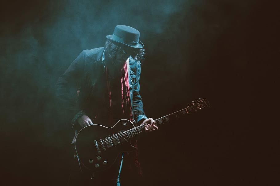 person, wearing, suit jacket, fedora hat, playing, guitar, music, musician, guitarist, rock Music