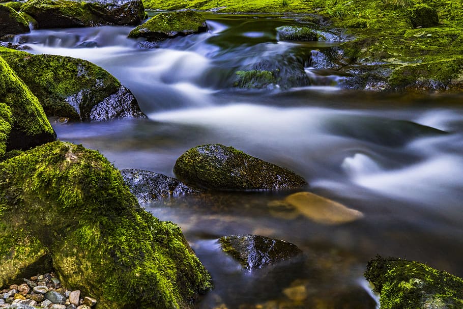 time lapse photography, streaming, water, river, nature, landscape, stones, flow, bank, romantic