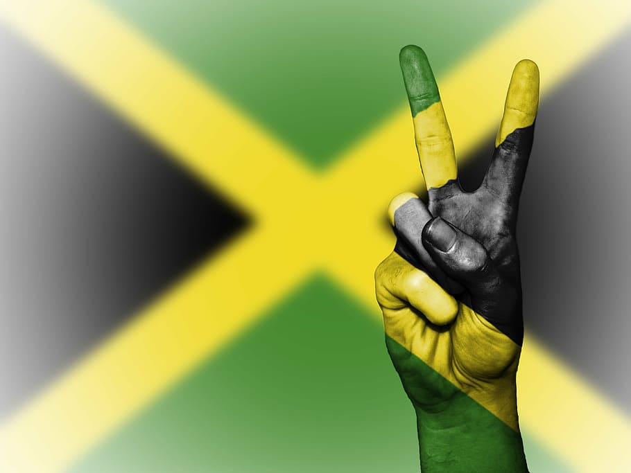 direito, humano, mão, pintado, bandeira jamaicana, jamaica, paz, nação, plano de fundo, cores