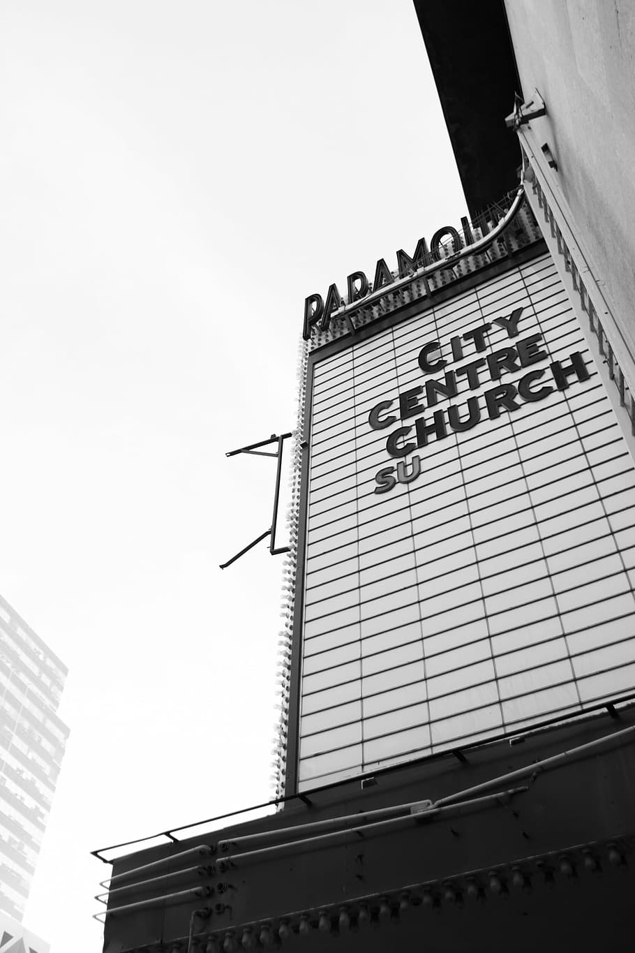 grayscale photography, city centre church su, city, centure, church, paramount, theatre, city centre church, sign, black and white