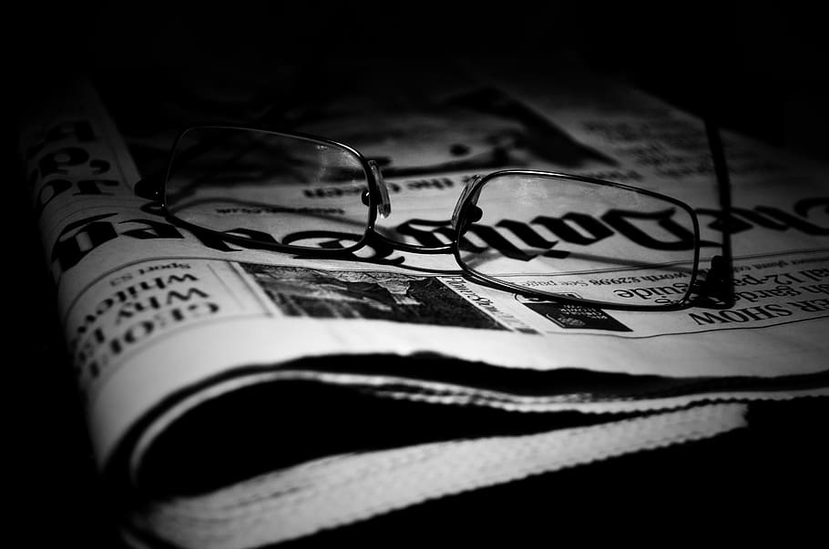 black, framed, eyeglasses, top, newspaper, article, background, broadsheet, business, close-up