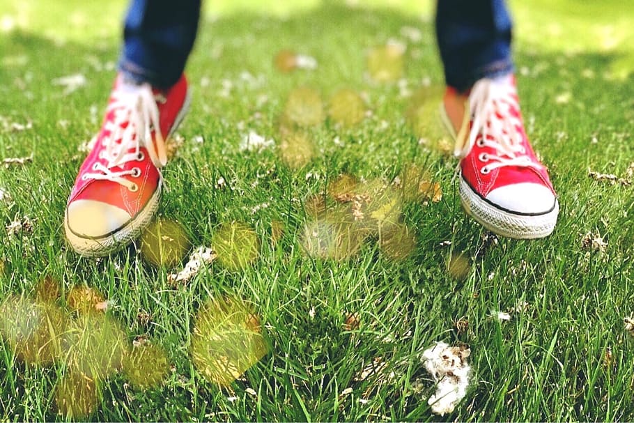 person, wearing, red, low-top sneakers, jumping, green, grass, converse, chucks, sneakers