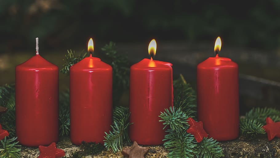 advent, 3, advent candles, red, four, candlelight, christmas, christmas time, contemplative, flame