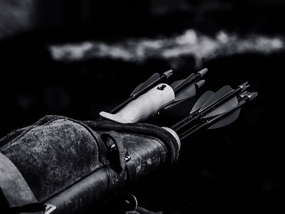 grayscale photo, arrows, quiver, archery, close-up, hd wallpaper, weapon, indoors, black background, day