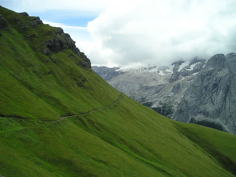 marmolada north wall, bindelweg, singletrail, clouds, cloudiness, dolomites, mountains, alpine, south tyrol, italy