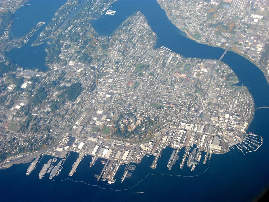 antena, vista, cidade, som de puget, naval, estaleiro, Vista aérea, Estaleiro naval de Puget Sound, Washington, fotos
