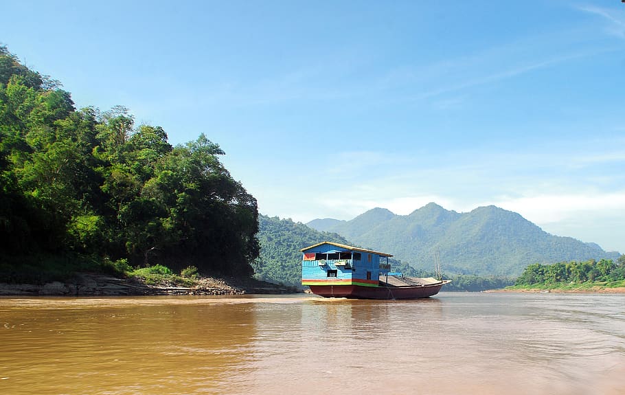 laos, mékong, barco, patrones, río, barcaza, autopropulsado, paisaje, tropical, orilla