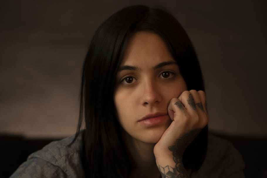 sad, women, tattoo, grey, portrait, young, disappointed, people, face, girl