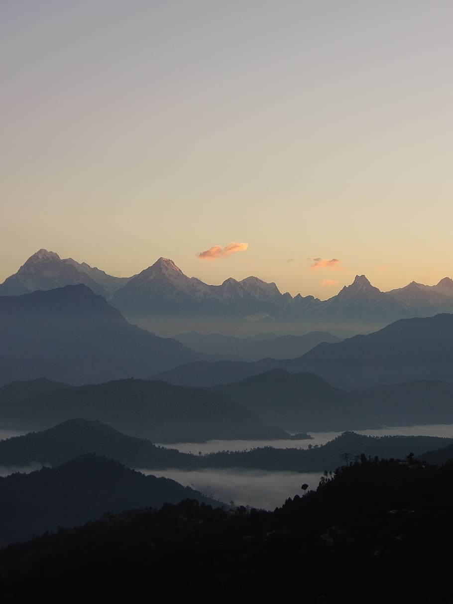 nepal, montanha, nascer do sol, manhã, nuvens, nublado, névoa, enevoada, natureza, paisagem