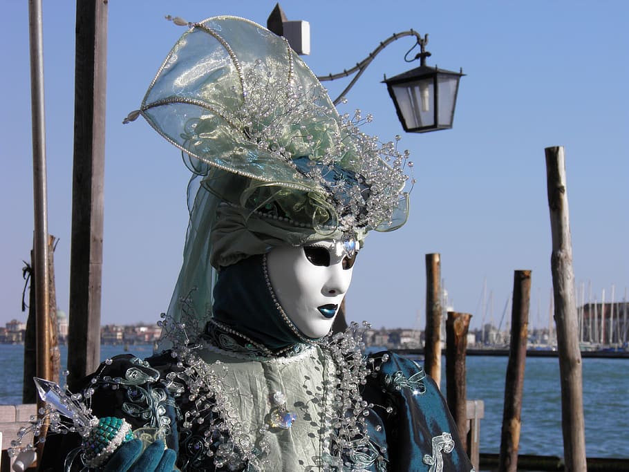 人, 身に着けている, マスカレードマスコット, 体, 水, 昼間, ヴェネツィア, イタリア, カーニバル, マスク