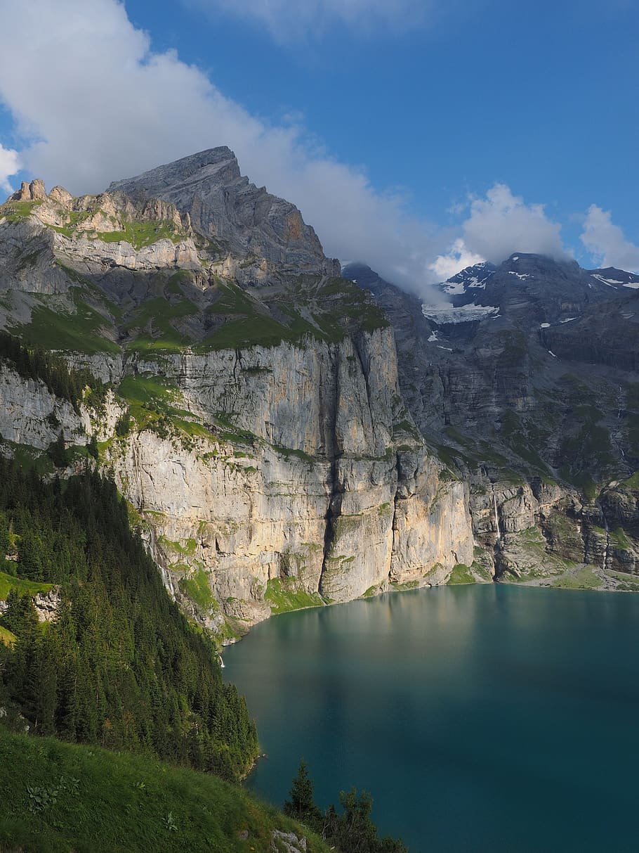 lake oeschinen, lake, switzerland, bergsee, mountains, landscape, mountain, water, beauty in nature, scenics - nature