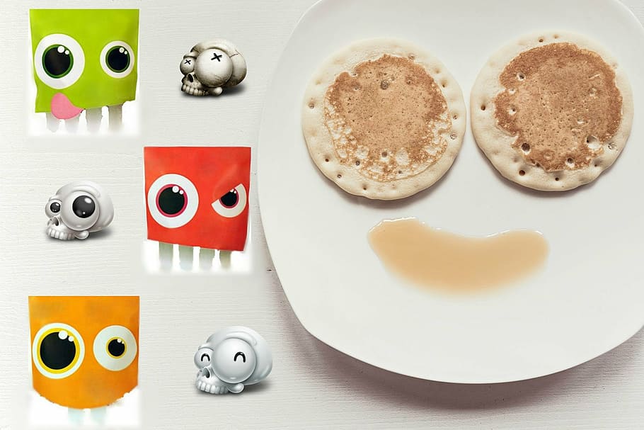 smile, on plates, laughing skull, emoticons, pancakes, food and drink, table, still life, emotion, indoors