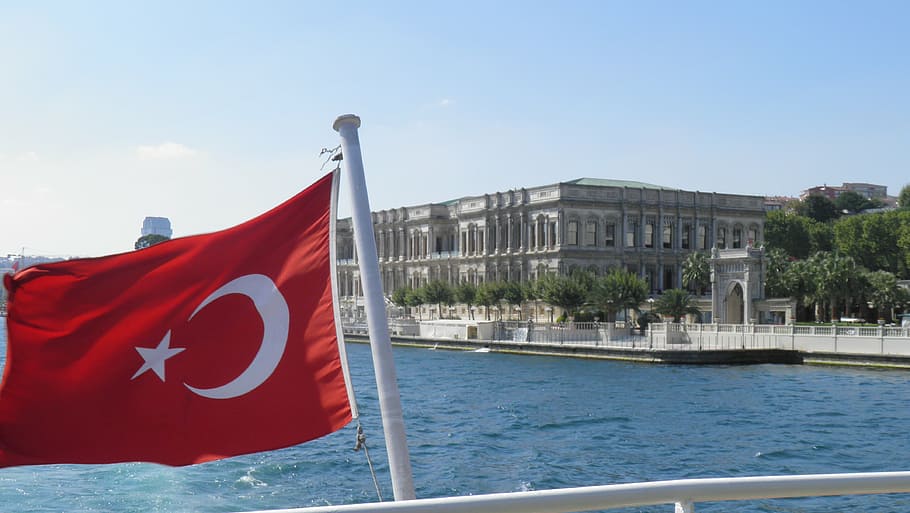 turkey, bosphorus, turkish flag, water, transportation, sky, mode of transportation, day, architecture, red