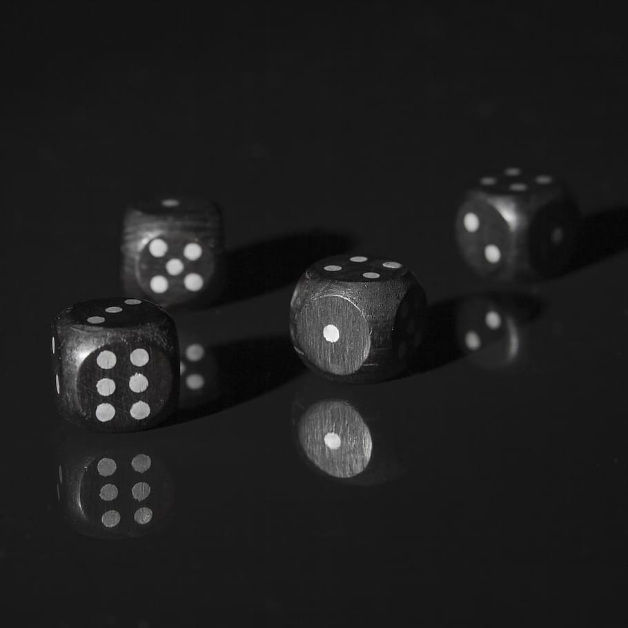 four black-and-white dices, dice, game, random, number, cube, shadow, dark, black, good luck