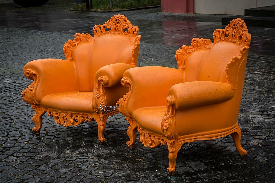 chair, chic, seat, noble, majestic, design, swabian gmünd, orange color, day, outdoors