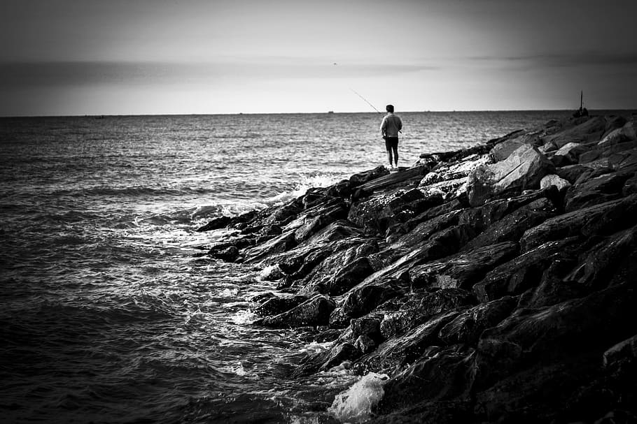 Pesca, rocas, mar, horizonte, persona, paciencia, horizonte sobre el agua, una persona, un solo hombre, soledad