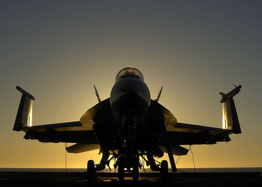 silhouette photography, fighter jet, military jet, sunset, silhouette, aircraft, f-18, super hornet, plane, fighter