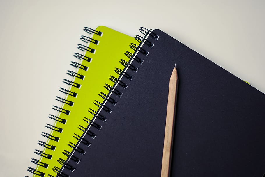 brown, pencil, black, spiral notebook, notepad, green, notebook, paper, office, desktop