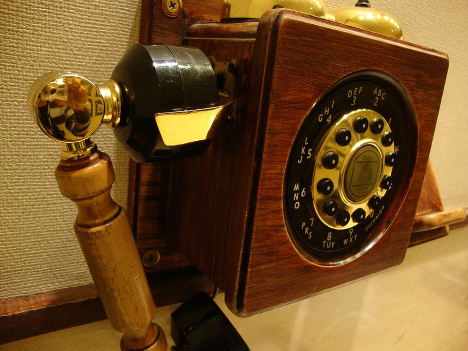 phone, old, hotel, telephony, technology, telephone, retro styled, wood - material, antique, indoors