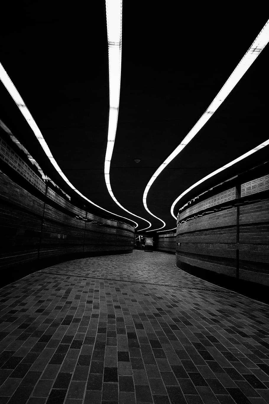 black and white, dark, tunnel, wall, light, floor, architecture, illuminated, built structure, the way forward
