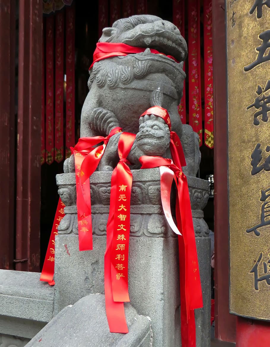 china, shanghai, dragón, cinta, rojo, festival, celebracion, león, escultura, pilastra