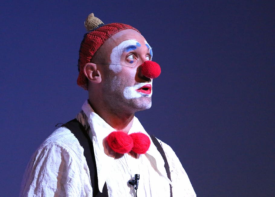 person, wearing, red, pierrot nose, clown, circus, address by, fun, laughter, costume