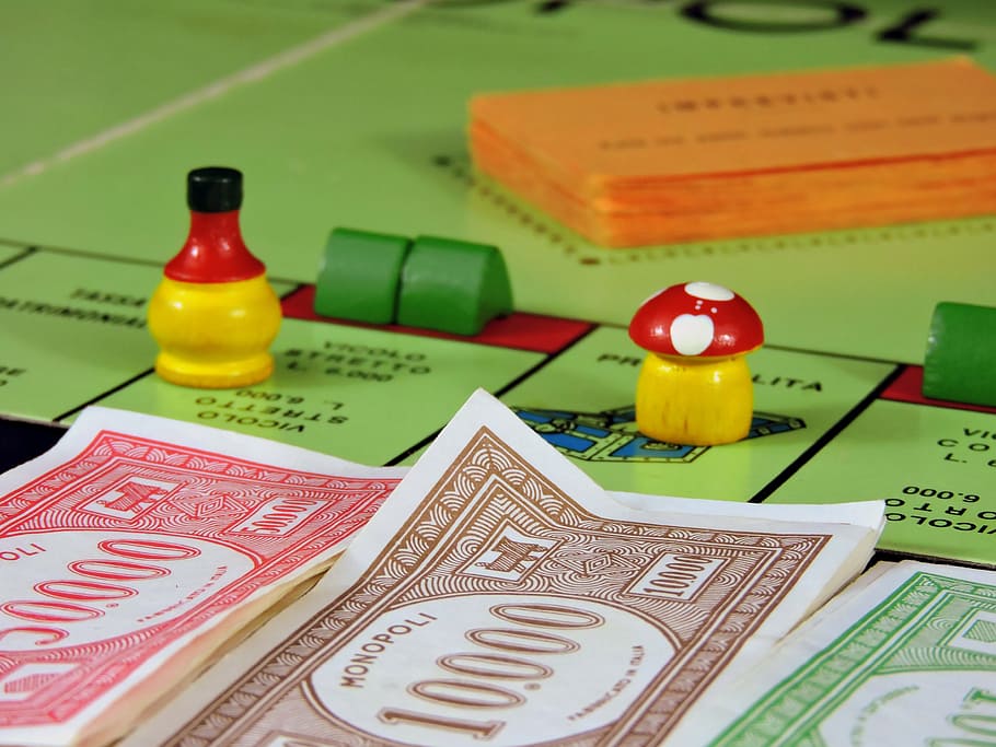 jugar, juego de mesa, monopolio, dinero, comercio, pasatiempo, inesperado, edificios, casas, moneda