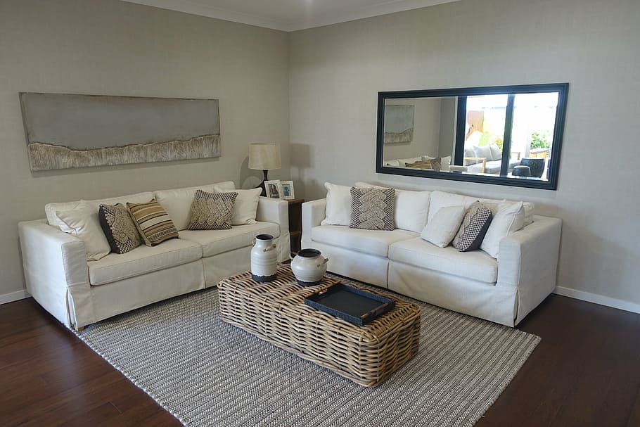 white, brown, living, room furniture, set, lounge, loungeroom, interior ...