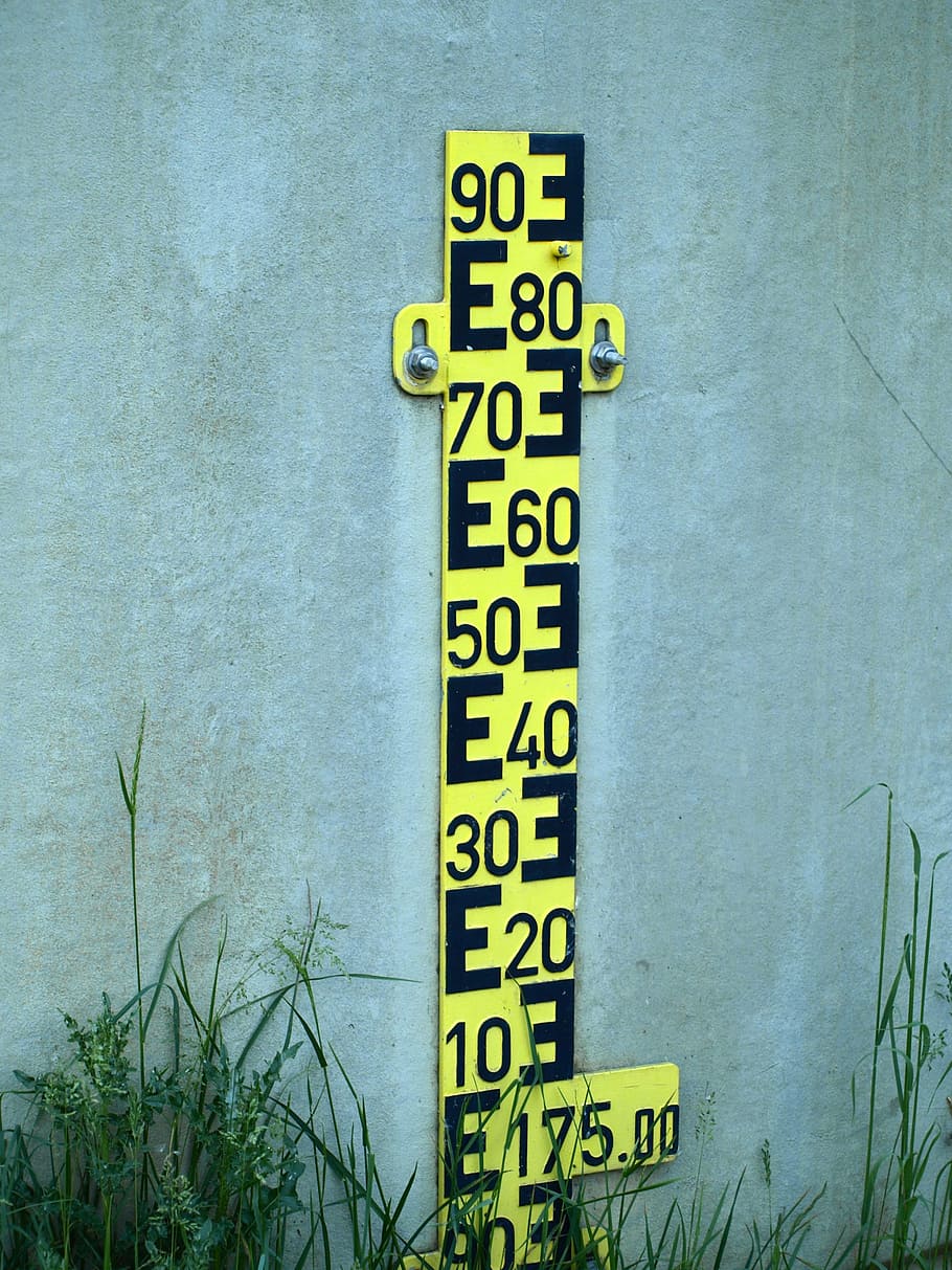 water gauge, measure, water height, pay, scale, sign, text, yellow, western script, communication