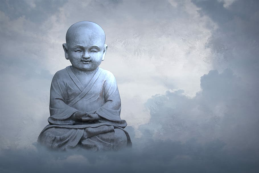 gautama buddha statue, clouds, child, sky, religion, spirituality, cloud, buddha, sculpture, statue