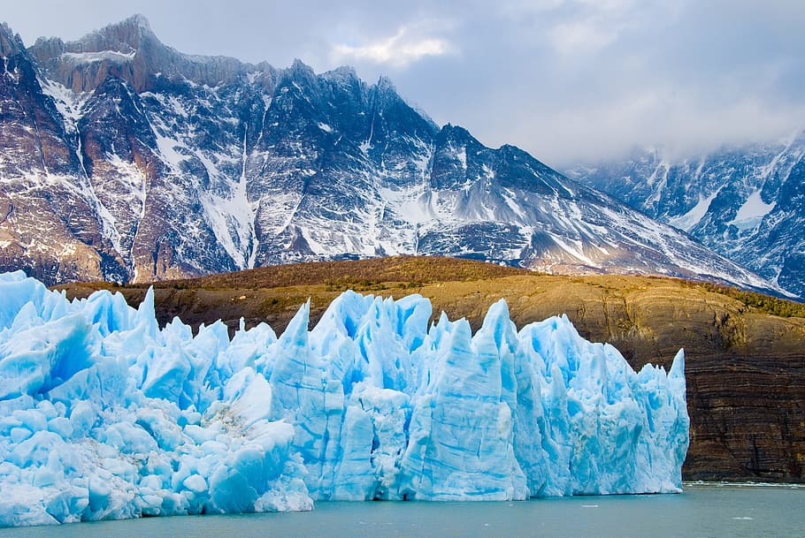 ice berg, distance, mountain, chile, patagonia, flock, nature, glacier, travel, cold temperature