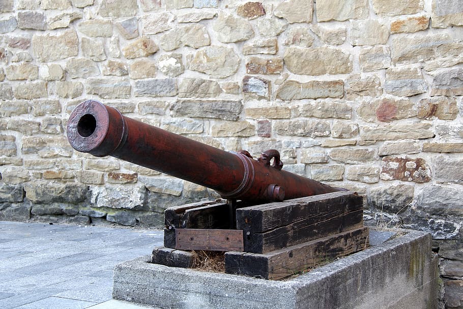 cañón, arma, historia, levoča, muro, muro - característica de construcción, antiguo, ladrillo, arquitectura, metal