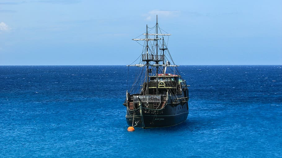 ship in sea, cyprus, cavo greko, cruise ship, tourism, leisure, pirate ship, blue, lagoon, sea