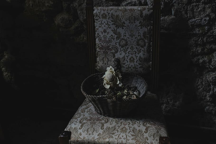 grayscale photo, wicker basket, brown, wooden, armless chair, brow, wicker, basket, floral, chair