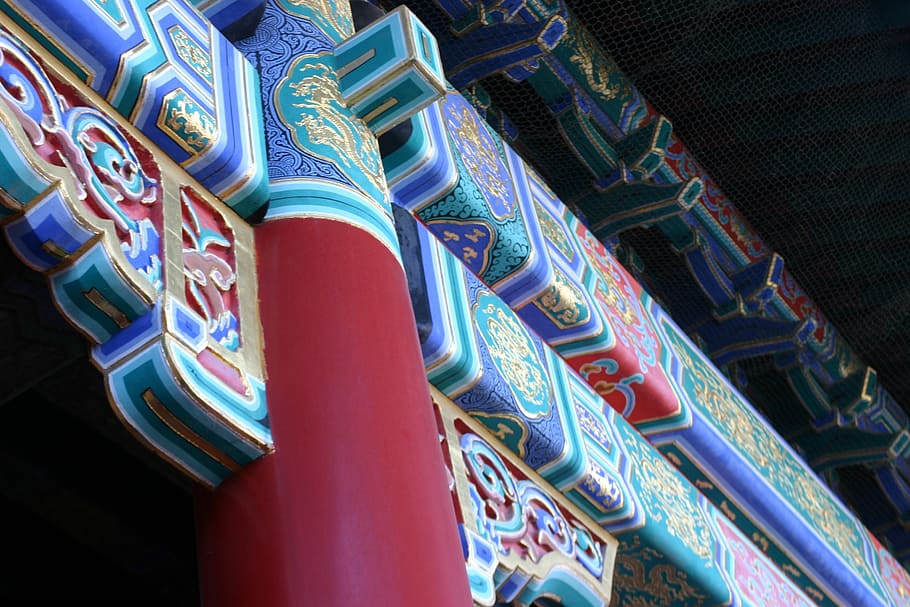 china, roof, forbidden, forbidden city, multi colored, low angle view, pattern, large group of objects, in a row, indoors