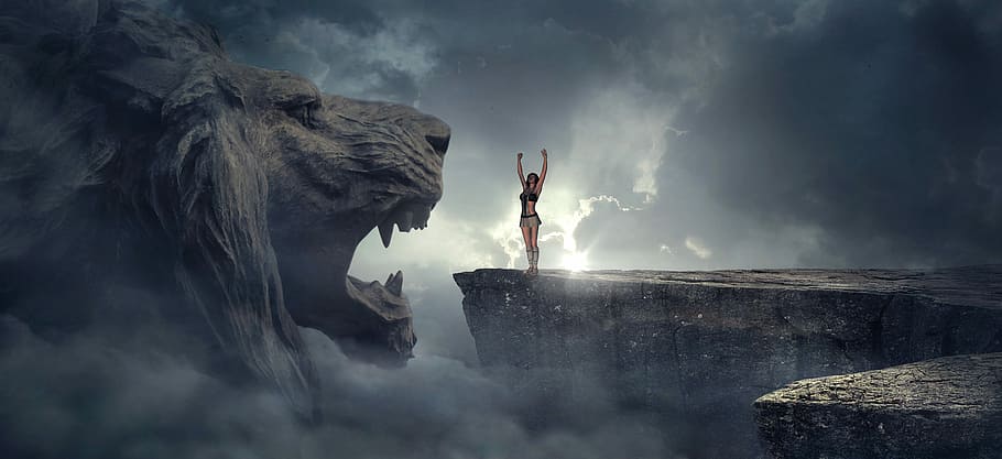 person, standing, front, lion statue, fantasy, rock, lion head, abyss, woman, mystical