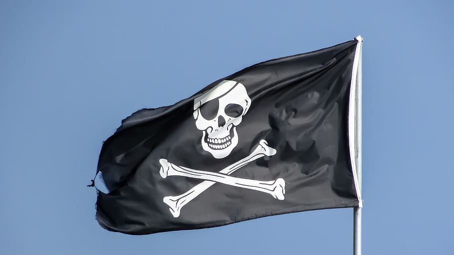 black, white, pirates flag photo, daytime, black and white, pirates, flag, skull, symbol, skeleton