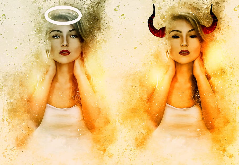 illustration, woman, wearing, white, top, angel, devil, angel and devil, angel devil, good