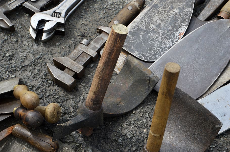 madera, herramienta, acero, a la edad de, industria, equipo, oxidado, mango, pesado, herramienta de mano