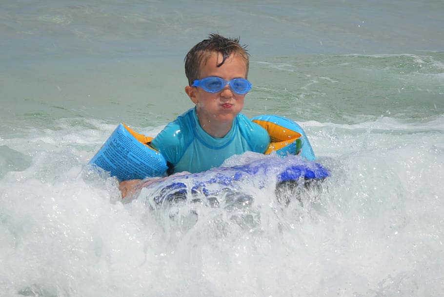 Child, Waves, Surf, People, swimming goggles, rubber rings, uv-resistant clothing, boy, one person, water