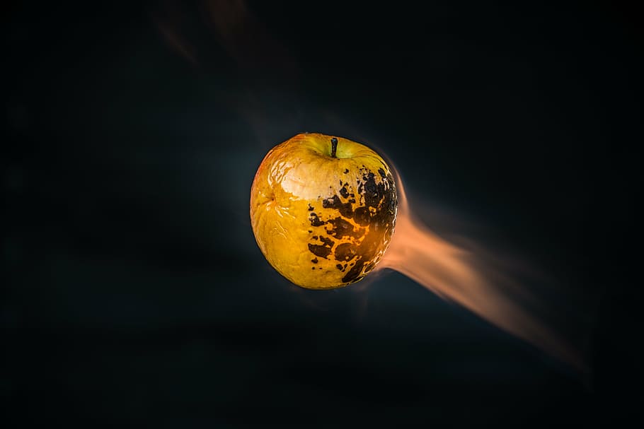 yellow, apple, black, background, close, burned, still, items, things, fiery
