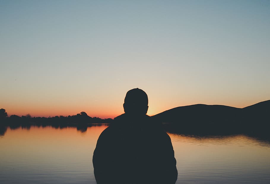 silhouette, person, body, water, people, man, alone, thinking, lake, dark