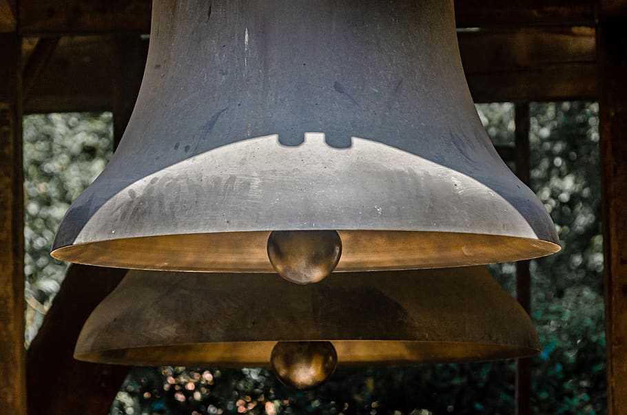 bell, bronze, metal, bell tower, brass, close-up, day, wood - material, nature, focus on foreground